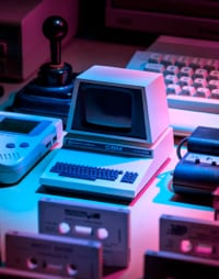 Retro personal computer surrounded by audio cassettes and gamer stuff