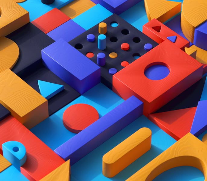 Set of random 3d geometric linked images of different colors and sizes